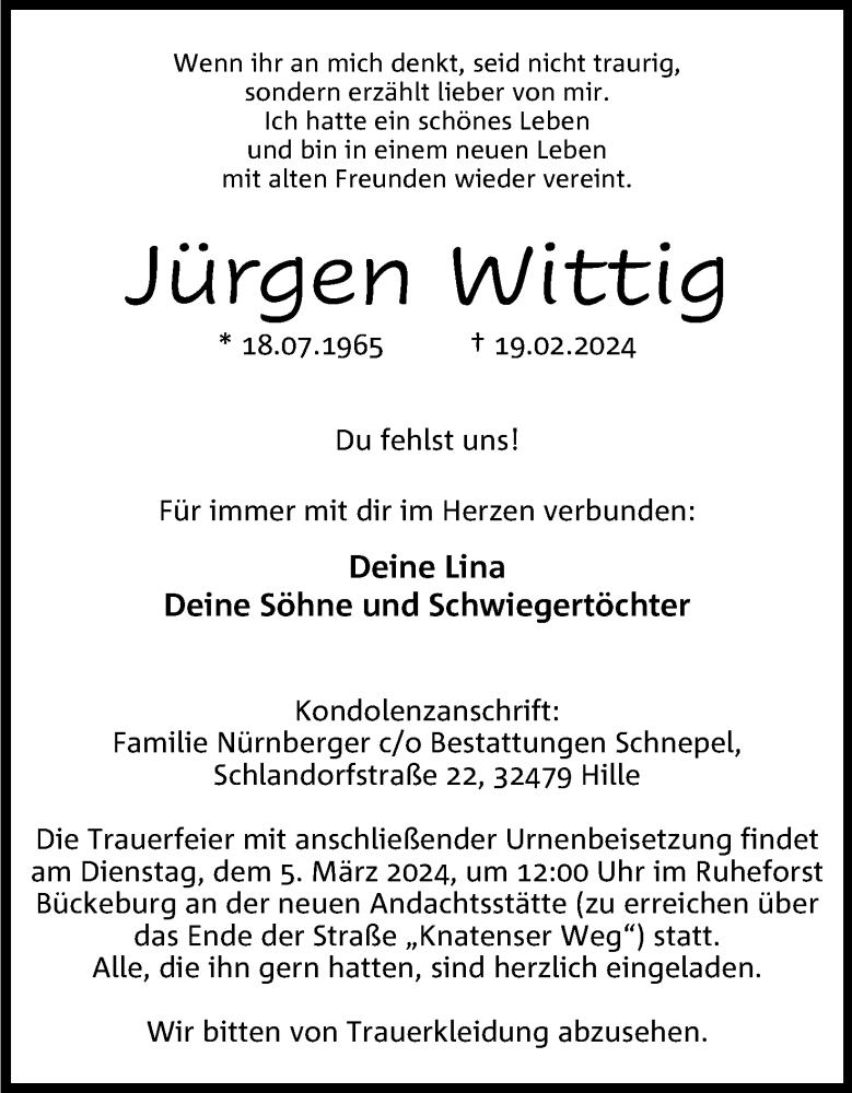  Traueranzeige für Jürgen Wittig vom 24.02.2024 aus 4401