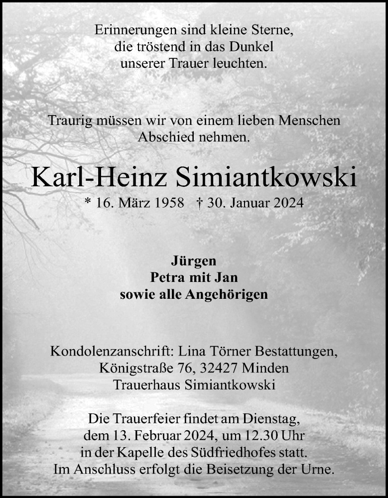  Traueranzeige für Karl-Heinz Simiantkowski vom 10.02.2024 aus 4401