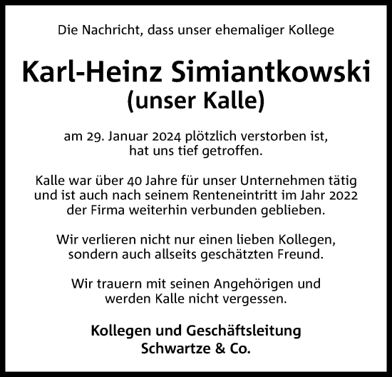 Anzeige von Karl-Heinz Simiantkowski von 4401
