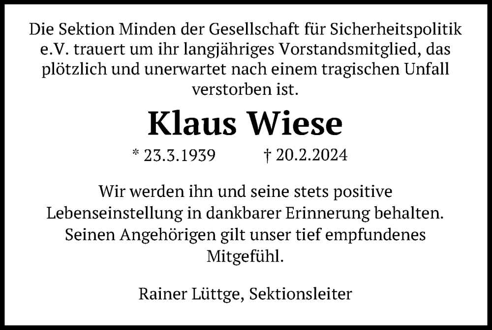  Traueranzeige für Klaus Wiese vom 27.02.2024 aus 4401