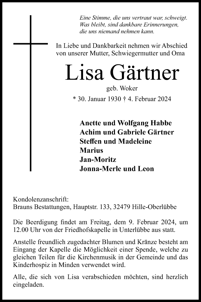  Traueranzeige für Lisa Gärtner vom 07.02.2024 aus 4401