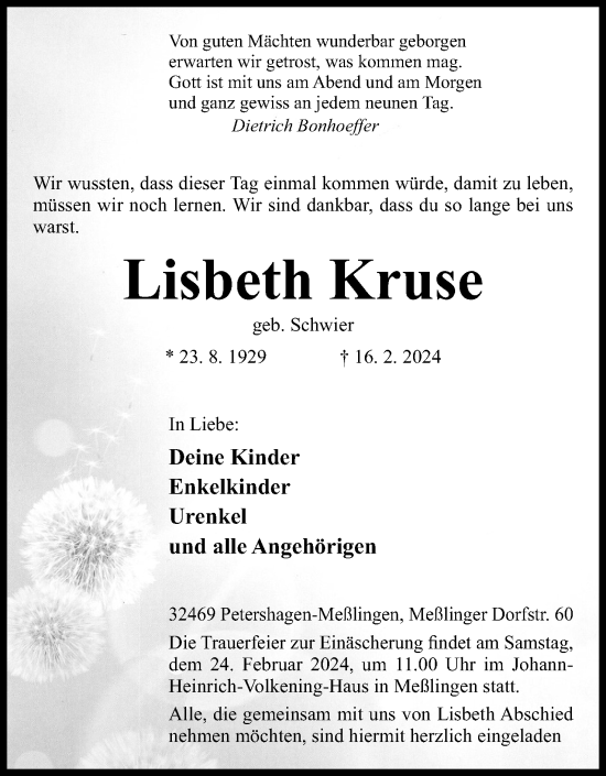 Anzeige von Lisbeth Kruse von 4401