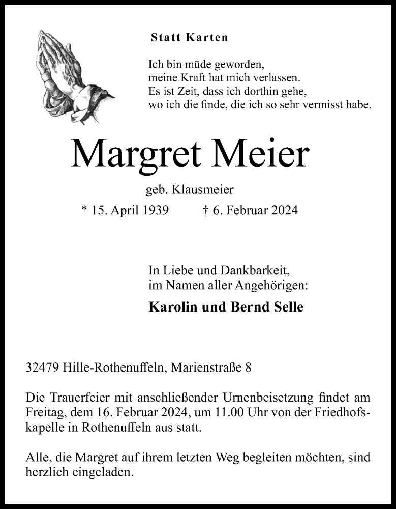  Traueranzeige für Margret Meier vom 10.02.2024 aus 4401