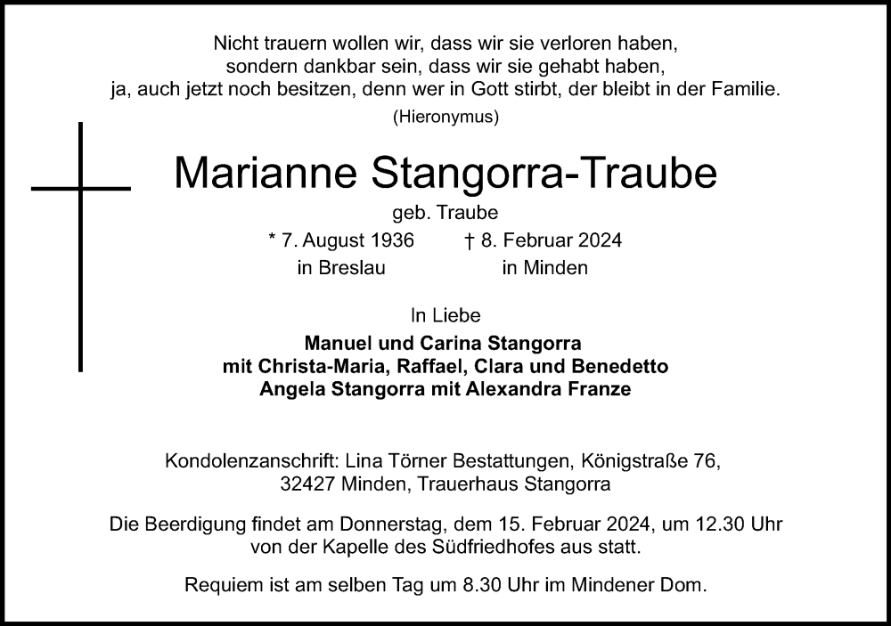  Traueranzeige für Marianne Stangorra-Traube vom 10.02.2024 aus 4401