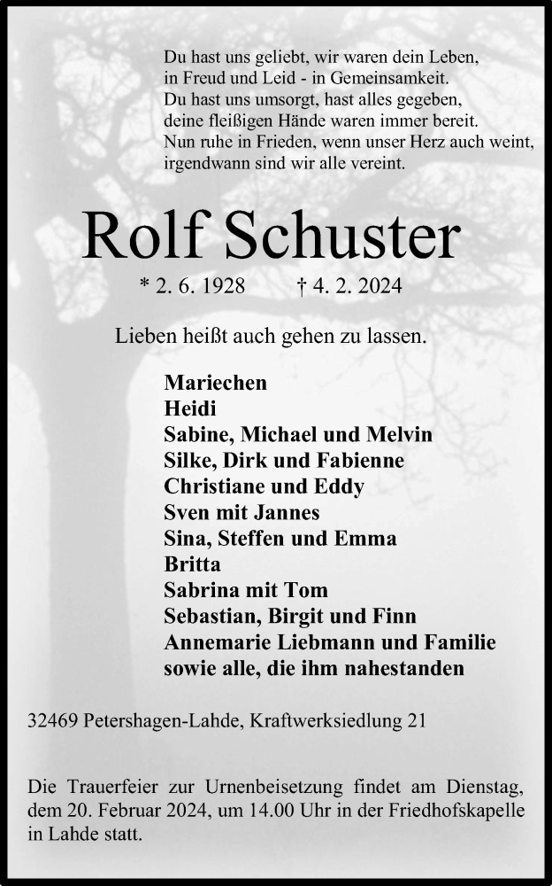  Traueranzeige für Rolf Schuster vom 10.02.2024 aus 4401