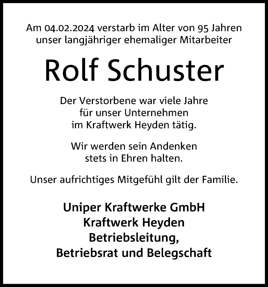  Traueranzeige für Rolf Schuster vom 13.02.2024 aus 4401