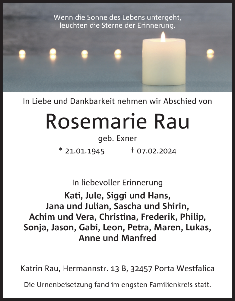  Traueranzeige für Rosemarie Rau vom 17.02.2024 aus 4401