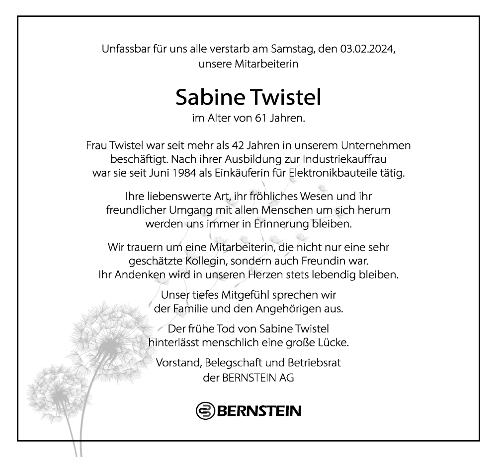  Traueranzeige für Sabine Twistel vom 10.02.2024 aus 4401