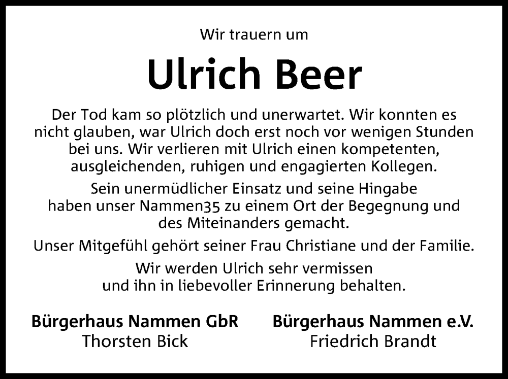  Traueranzeige für Ulrich Beer vom 24.02.2024 aus 4401