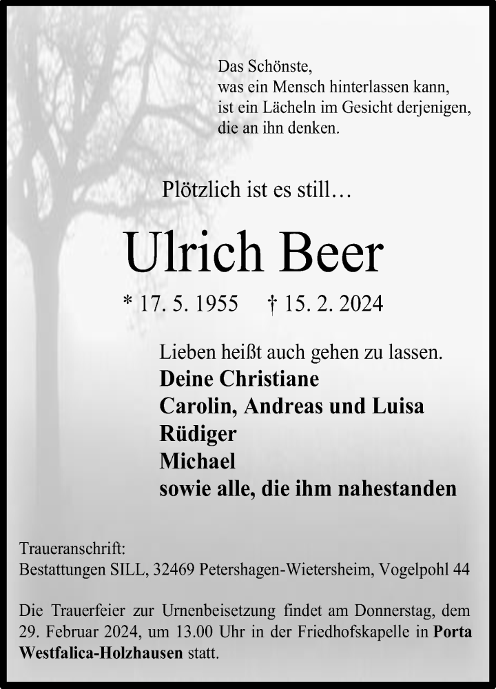  Traueranzeige für Ulrich Beer vom 24.02.2024 aus 4401