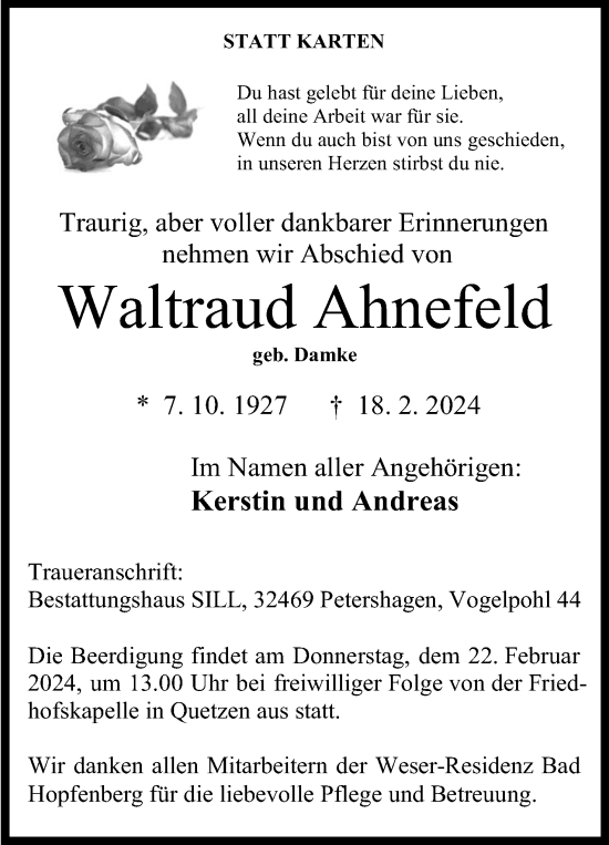 Anzeige von Waltraud Ahnefeld von 4401