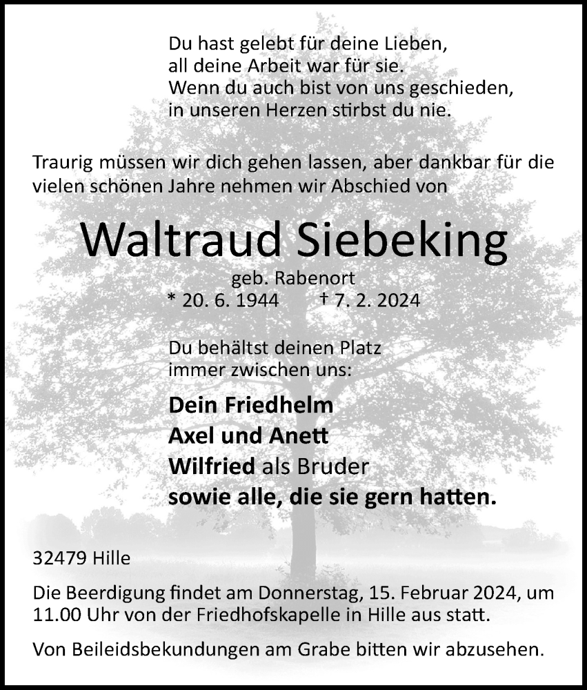  Traueranzeige für Waltraud Siebeking vom 10.02.2024 aus 4401