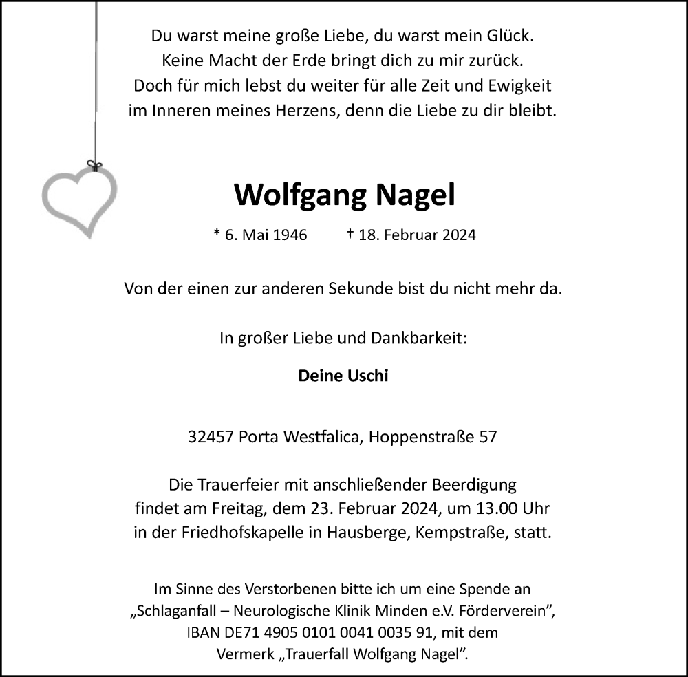  Traueranzeige für Wolfgang Nagel vom 21.02.2024 aus 4401