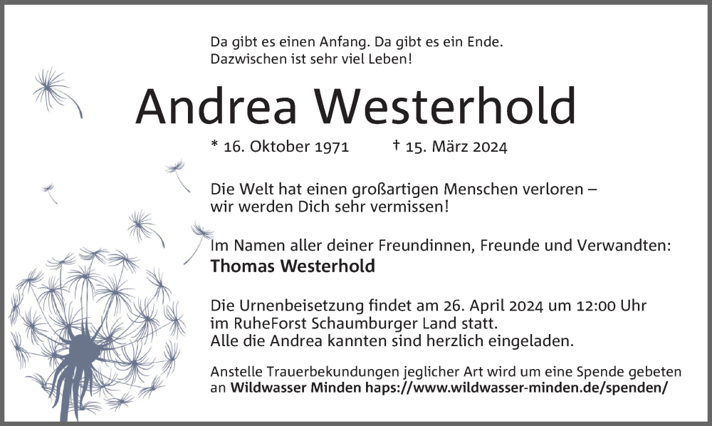  Traueranzeige für Andrea Westerhold vom 29.03.2024 aus 4401
