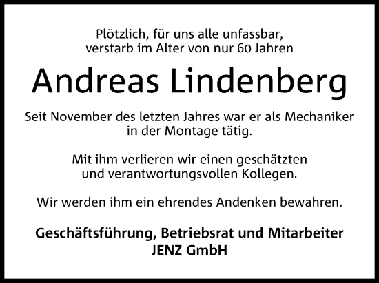 Anzeige von Andreas Lindenberg von 4401