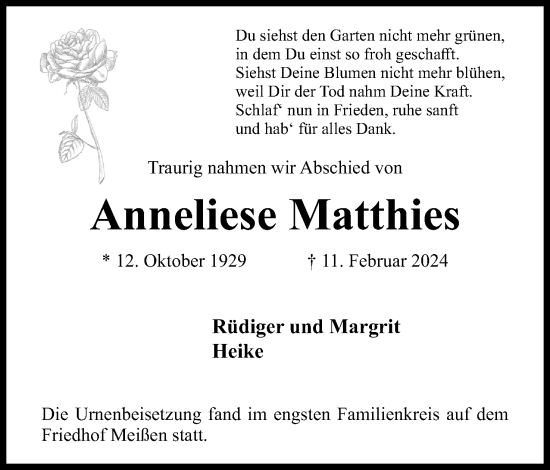 Anzeige von Anneliese Matthies von Mindener Tageblatt