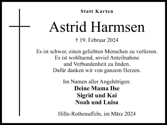 Anzeige von Astrid Harmsen von 4401