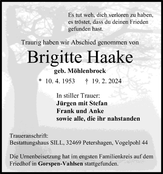Anzeige von Brigitte Haake von 4401