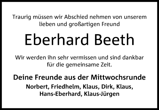 Anzeige von Eberhard Beeth von 4401
