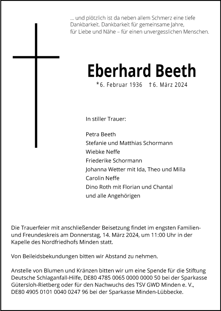  Traueranzeige für Eberhard Beeth vom 09.03.2024 aus 4401