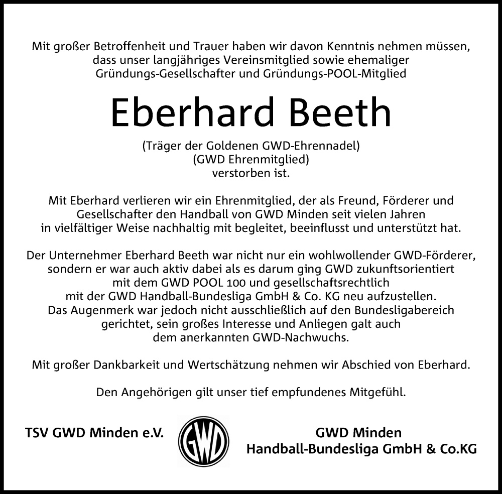  Traueranzeige für Eberhard Beeth vom 09.03.2024 aus 4401