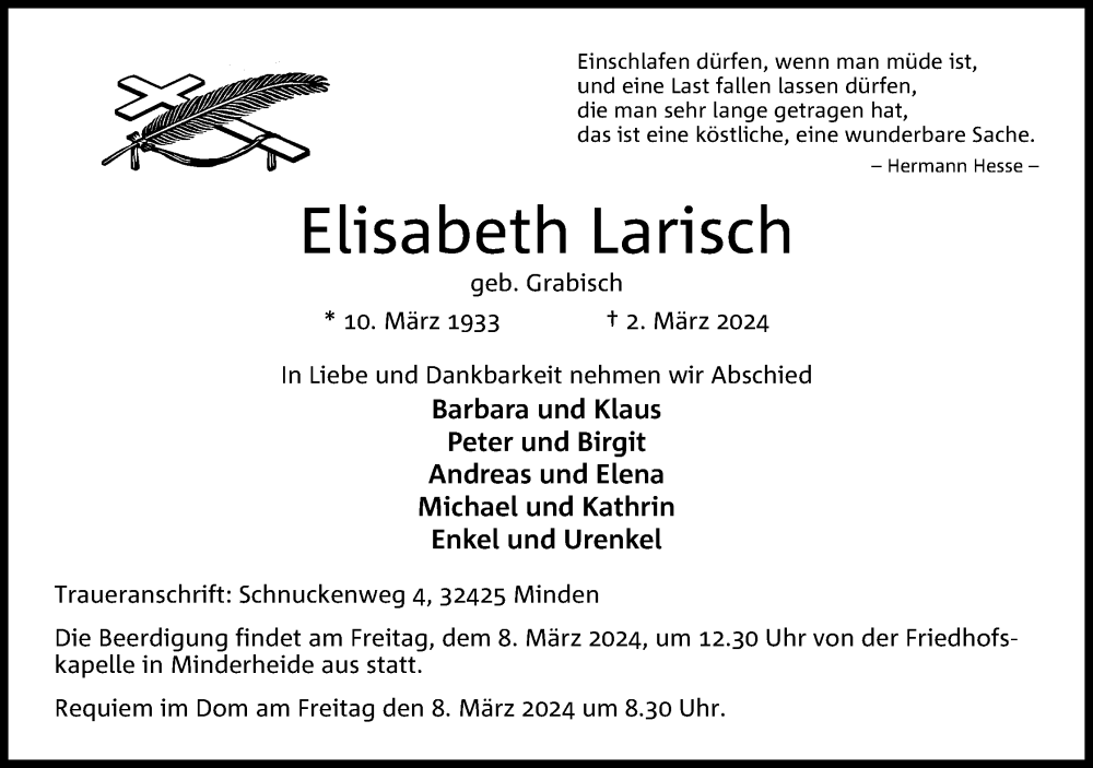  Traueranzeige für Elisabeth Larisch vom 06.03.2024 aus 4401