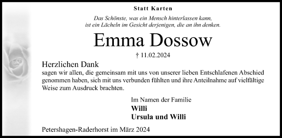 Anzeige von Emma Dossow von Mindener Tageblatt
