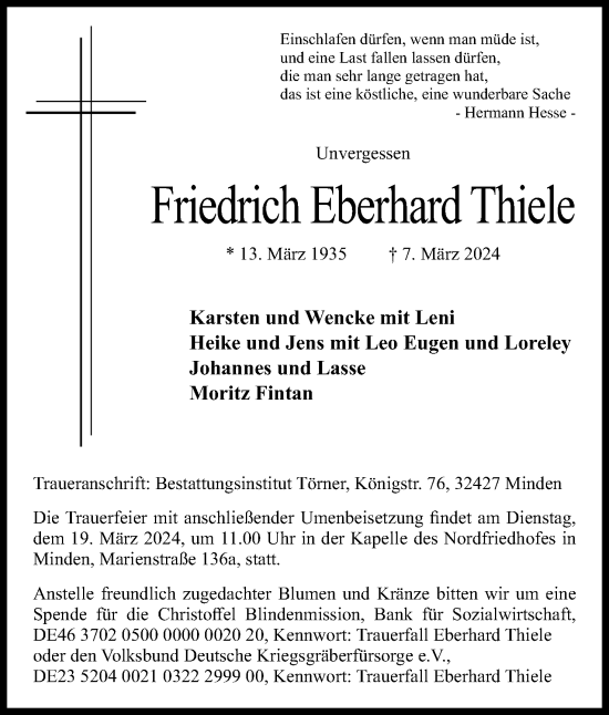 Anzeige von Friedrich Eberhard Thiele von 4401
