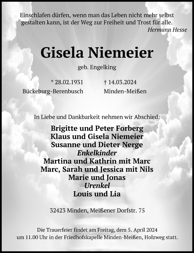  Traueranzeige für Gisela Niemeier vom 23.03.2024 aus 4401