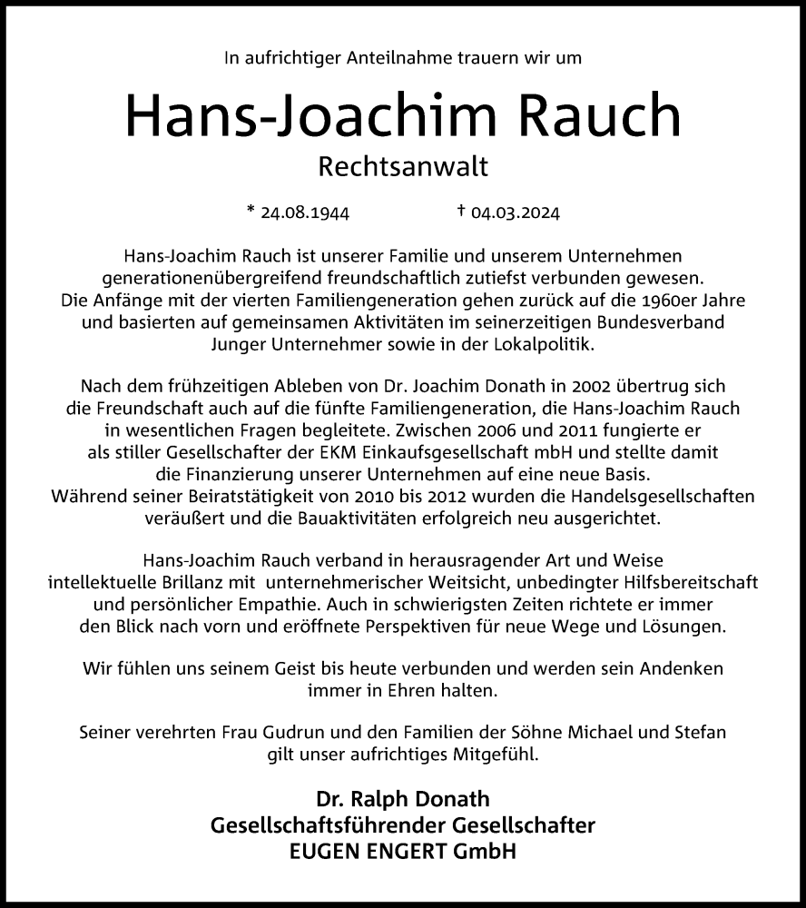  Traueranzeige für Hans-Joachim Rauch vom 09.03.2024 aus 4401