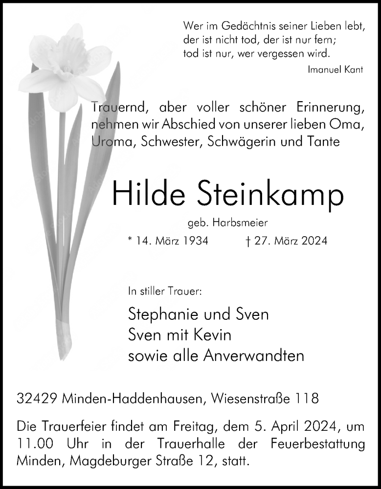  Traueranzeige für Hilde Steinkamp vom 29.03.2024 aus 4401