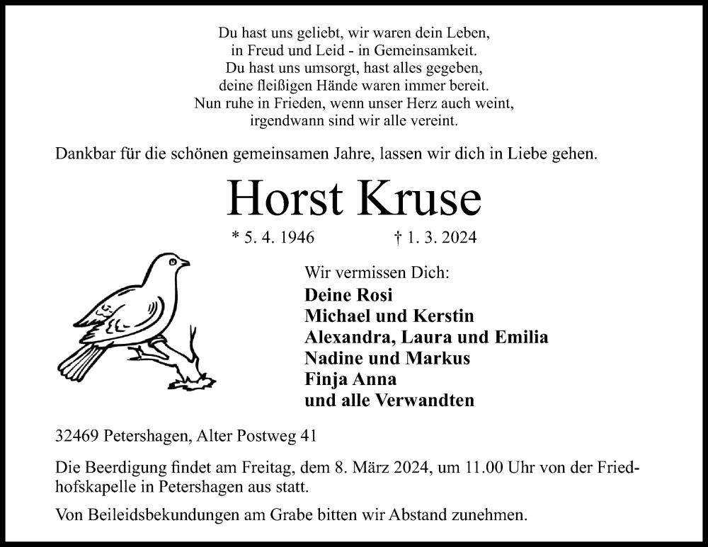  Traueranzeige für Horst Kruse vom 05.03.2024 aus 4401