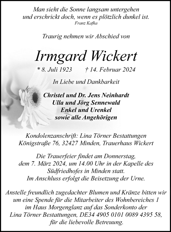 Anzeige von Irmgard Wickert von Mindener Tageblatt