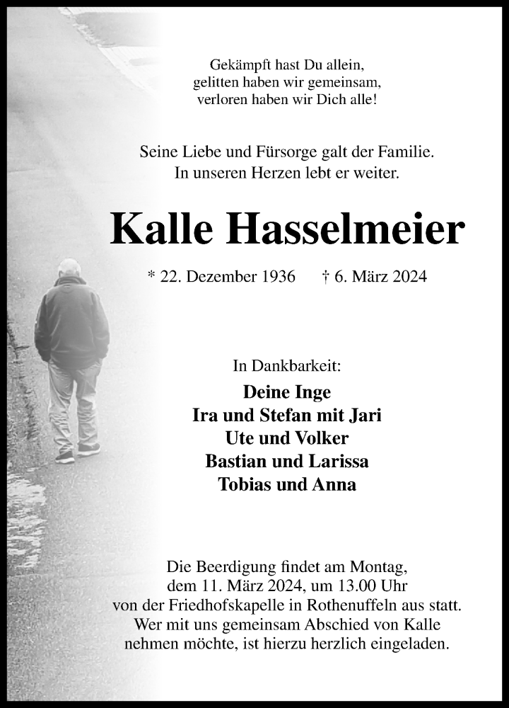  Traueranzeige für Kalle Hasselmeier vom 09.03.2024 aus 4401