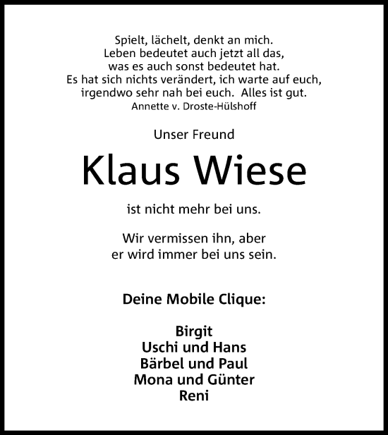 Anzeige von Klaus Wiese von 4401
