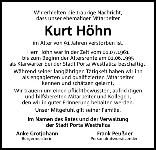 Anzeige von Kurt Höhn von 4401