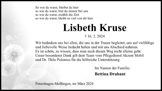 Anzeige von Lisbeth Kruse von 4401