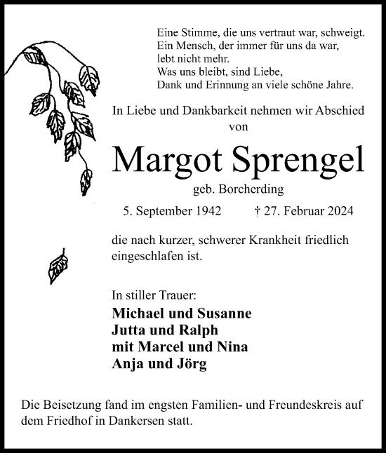 Anzeige von Margot Sprengel von 4401
