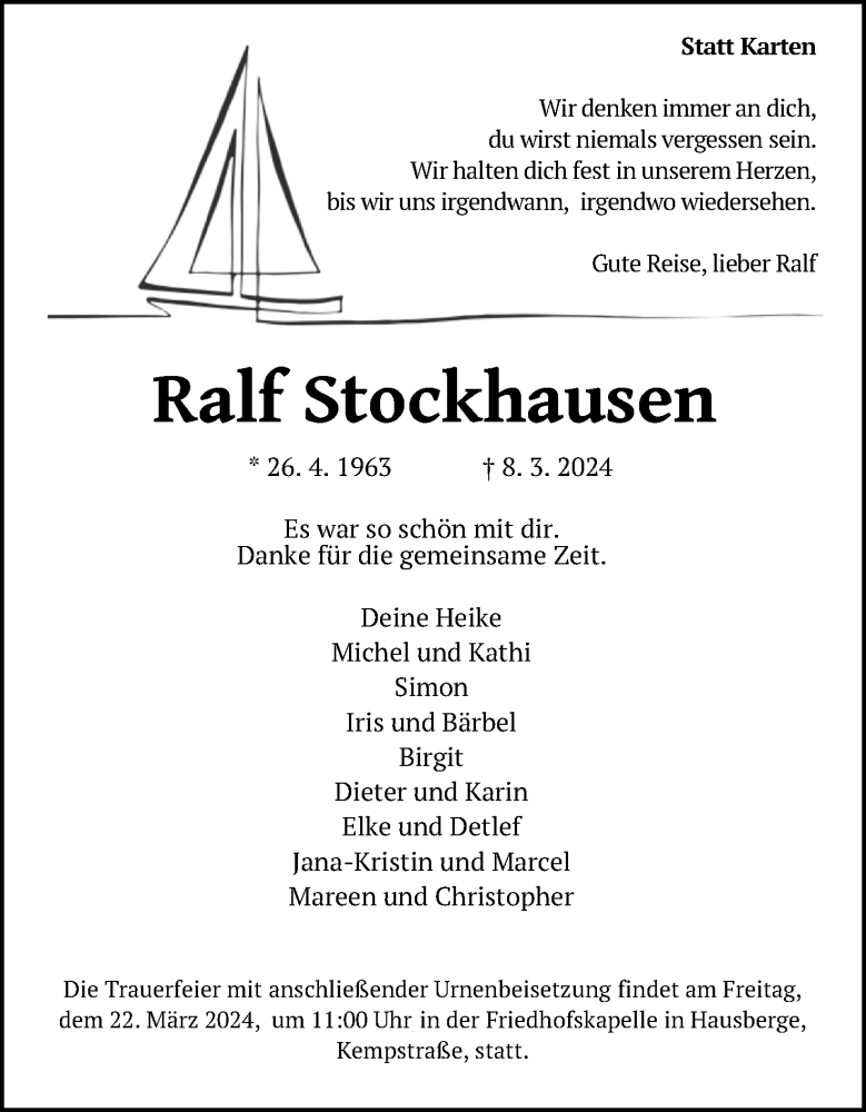 Traueranzeige für Ralf Stockhausen vom 16.03.2024 aus 4401