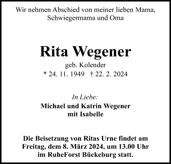 Anzeige von Rita Wegener von 4401