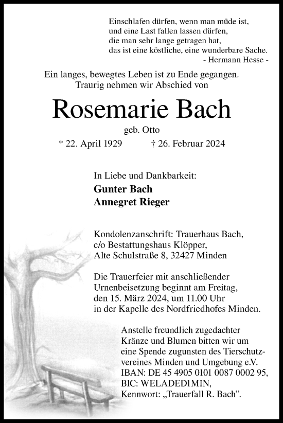 Anzeige von Rosemarie Bach von 4401