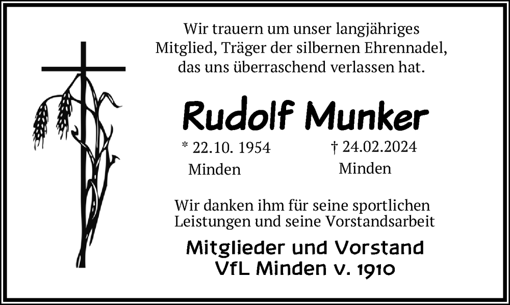  Traueranzeige für Rudolf Munker vom 02.03.2024 aus 4401
