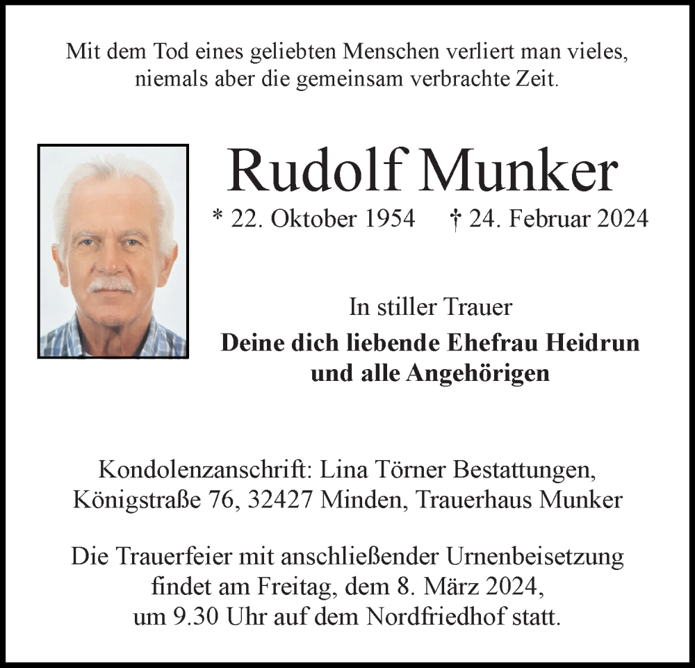  Traueranzeige für Rudolf Munker vom 02.03.2024 aus 4401