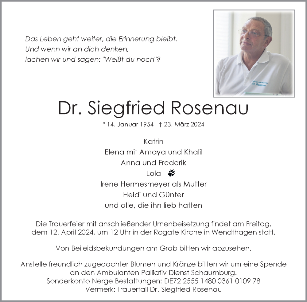  Traueranzeige für Siegfried Rosenau vom 29.03.2024 aus 4401