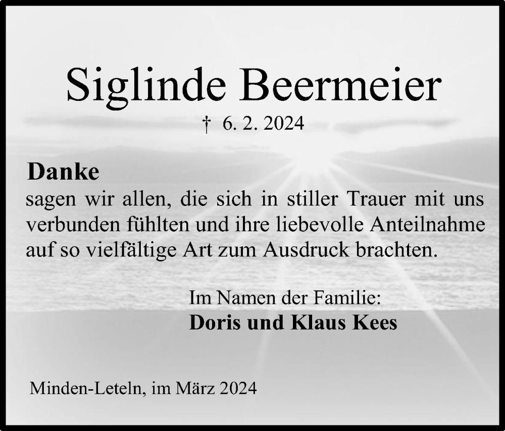  Traueranzeige für Siglinde Beermeier vom 09.03.2024 aus Mindener Tageblatt