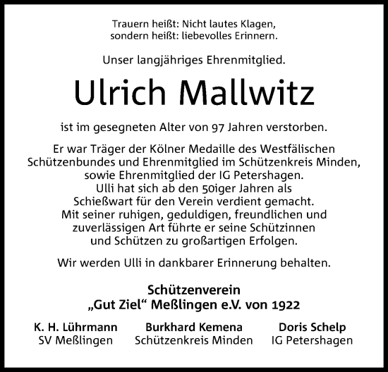 Anzeige von Ulrich Mallwitz von 4401