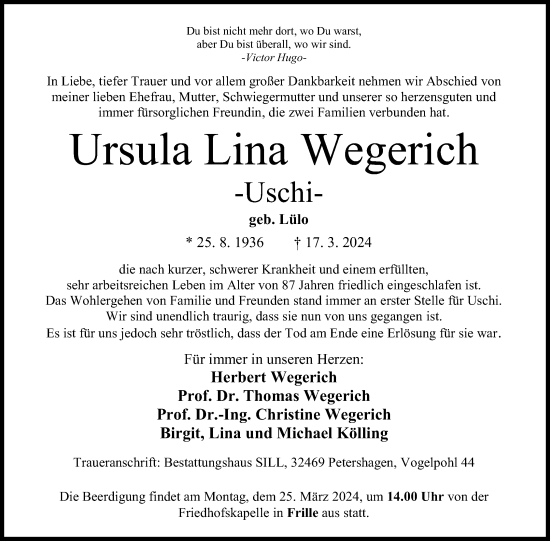 Anzeige von Ursula Lina Wegerich von 4401