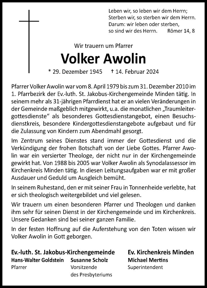  Traueranzeige für Volker Awolin vom 02.03.2024 aus 4401