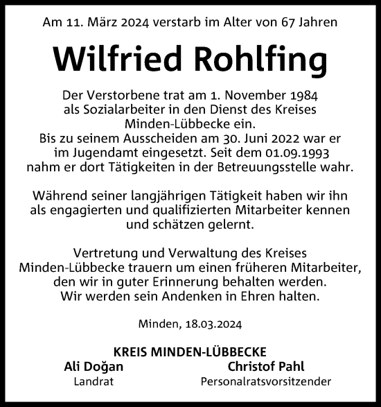 Anzeige von Wilfried Rohlfing von 4401