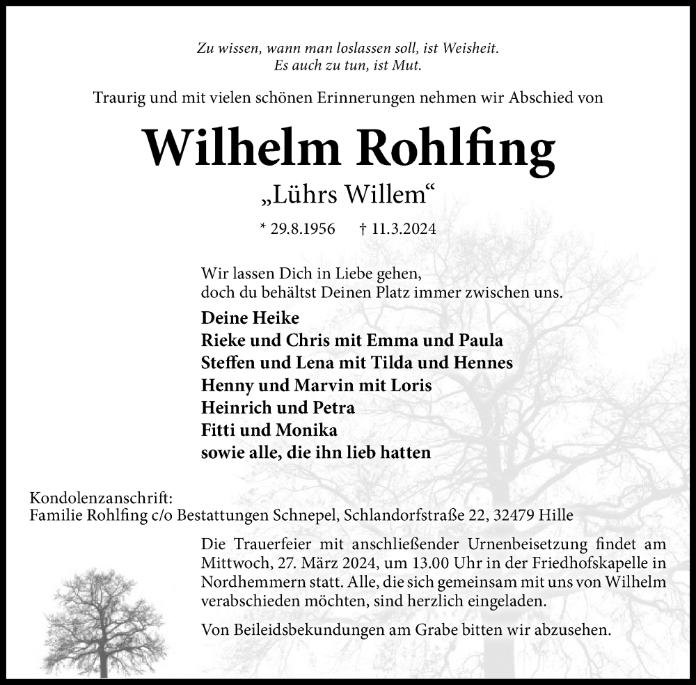  Traueranzeige für Wilhelm Rohlfing vom 16.03.2024 aus 4401